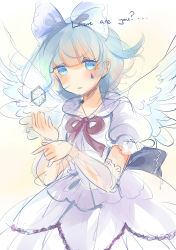 Rule 34 | 1girl, arm warmers, blue bow, blue eyes, blue hair, bow, dress, embellished costume, english text, floating, floating object, gown, hair bow, highres, mai (touhou), matching hair/eyes, multicolored eyes, no nose, no pupils, parted lips, puffy short sleeves, puffy sleeves, short hair, short sleeves, sketch, solo, teardrop, touhou, touhou (pc-98), white wings, wings, yorktown cv-5