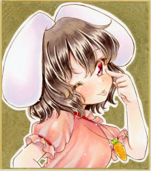Rule 34 | 1girl, animal ears, black hair, blush, carrot necklace, commentary request, graphite (medium), hair between eyes, highres, inaba tewi, jewelry, looking at viewer, looking to the side, marker (medium), necklace, nekofish666, one eye closed, pink shirt, pointing, pointing at self, portrait, rabbit ears, rabbit girl, red eyes, shirt, short hair, short sleeves, solo, tongue, tongue out, touhou, traditional media