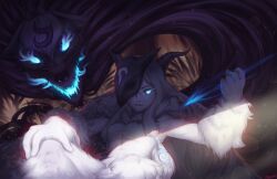 Rule 34 | 1girl, blue eyes, body fur, breasts, commentary, draconli, english commentary, fur collar, furry, furry female, glowing, glowing eyes, glowing mouth, grey hair, hand up, highres, holding, horns, kindred (league of legends), lamb (league of legends), league of legends, long hair, mask, mask on head, medium breasts, parted lips, scar, scar on face, shiny skin, sidelocks, smile, teeth