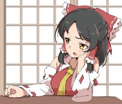 Rule 34 | 1girl, black hair, blush, bow, breasts, brown eyes, collared shirt, commentary request, cookie (touhou), detached sleeves, frilled bow, frilled hair tubes, frills, hair bow, hair tubes, hakurei reimu, hand on own cheek, hand on own face, head rest, looking afar, medium breasts, medium hair, necktie, open mouth, red bow, red shirt, remote controller 4, ribbon-trimmed sleeves, ribbon trim, sananana (cookie), shirt, shouji, sidelocks, sleeveless, sleeveless shirt, sliding doors, solo, table, touhou, upper body, white sleeves, wide sleeves, yellow necktie