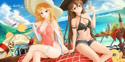 Rule 34 | &gt; &lt;, 2girls, absurdres, azur lane, backless swimsuit, bikini, bottle, breasts, brown bikini, brown hair, commentary, criss-cross halter, cross-laced bikini, cross-laced clothes, cross-laced one-piece swimsuit, cross-laced top, crossed legs, cutoff jeans, cutoffs, day, dutch angle, english commentary, hair between eyes, halterneck, hat, hiding, highleg, highleg bikini, highleg swimsuit, highres, jean bart (azur lane), jean bart (private apres midi) (azur lane), long hair, long sleeves, looking at viewer, manjuu (azur lane), medium breasts, micro shorts, multiple girls, official alternate costume, one-piece swimsuit, open clothes, open shorts, orange hair, outdoors, parfait, peeking out, pink one-piece swimsuit, pirate hat, recording, red eyes, richelieu (azur lane), richelieu (fleuron of the waves) (azur lane), ronal 1710, shorts, side-tie swimsuit, sitting, summer, swimsuit, very long hair, white sleeves