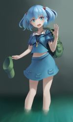 Rule 34 | 1girl, :d, anidante, backpack, bag, barefoot, blue eyes, blue hair, blue shirt, blue skirt, blue sky, breasts, green background, green eyes, green hat, hair bobbles, hair ornament, hat, highres, holding, holding clothes, holding hat, kawashiro nitori, key, looking at viewer, multicolored eyes, navel, open mouth, parted lips, puffy short sleeves, puffy sleeves, pulling, shirt, short hair, short sleeves, simple background, skirt, sky, small breasts, smile, solo, thighs, touhou, two side up, underwear, unworn hat, unworn headwear, wading, water, waving, yellow eyes