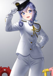 Rule 34 | 1girl, blue eyes, blue hair, blush, breasts, commentary request, enemy lifebuoy (kancolle), gloves, gotland (kancolle), hair between eyes, hand on own hip, hat, holding, kantai collection, long hair, long sleeves, looking at viewer, military, military uniform, mole, mole under eye, naval uniform, open mouth, peaked cap, smile, standing, t-head admiral, uniform, unowen, white gloves