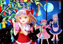 Rule 34 | 3girls, apron, arm behind back, bamboo, bat wings, blonde hair, blue hair, brooch, ascot, closed eyes, flandre scarlet, full moon, hat, hat ribbon, izayoi sakuya, jewelry, leg ribbon, looking at another, maid headdress, mob cap, moon, multiple girls, night, open hand, open mouth, outdoors, puffy short sleeves, puffy sleeves, red eyes, remilia scarlet, ribbon, sakizaki saki-p, short hair, short sleeves, side ponytail, silver hair, skirt, skirt set, sky, standing, star (sky), starry sky, tanabata, tanzaku, touhou, waist apron, wings