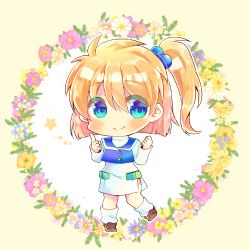Rule 34 | 1girl, beige background, blonde hair, blue eyes, blue jacket, blush, brown footwear, chibi, closed mouth, commentary request, commission, dress, floral background, flower, full body, hair between eyes, hair bobbles, hair ornament, hands up, index finger raised, jacket, kou hiyoyo, long sleeves, looking at viewer, loose socks, lowres, one side up, pink flower, presia zenoskis, purple flower, shoes, sleeveless, sleeveless jacket, smile, socks, solo, standing, standing on one leg, star (symbol), super robot wars, super robot wars the lord of elemental, two-tone background, white background, white dress, white flower, white socks, yellow flower