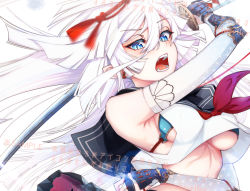 Rule 34 | 1girl, arm up, artist name, black sailor collar, blue bra, blue eyes, blush, bra, breasts, bridal gauntlets, cluseller, commission, cropped, cropped shirt, earclip, elbow gloves, elbow pads, fangs, female focus, gloves, hair between eyes, hand up, holding, holding sword, holding weapon, japanese text, katana, light blush, long hair, medium breasts, neckerchief, open mouth, original, pointy ears, red neckerchief, sailor collar, sample watermark, school uniform, serafuku, shirt, simple background, single vambrace, sleeveless, sleeveless shirt, slit pupils, solo, sword, teeth, tongue, translation request, underboob, underwear, upper body, vambraces, watermark, weapon, white background, white gloves, white hair, white shirt
