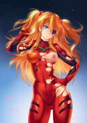 Rule 34 | 1girl, arm up, artist name, blue background, blue eyes, bodysuit, breasts, commentary, commission, contrapposto, covered navel, cowboy shot, curvy, english commentary, evangelion: 3.0+1.0 thrice upon a time, gloves, gradient background, groin, hair between eyes, hair down, hand on own hip, head tilt, highres, interface headset, lenadai, long hair, looking at viewer, medium breasts, neon genesis evangelion, nipples, one breast out, orange hair, parted lips, petals, plugsuit, rebuild of evangelion, red bodysuit, red gloves, shiny clothes, shiny skin, signature, solo, souryuu asuka langley, standing, torn bodysuit, torn clothes, two side up, very long hair, wide hips