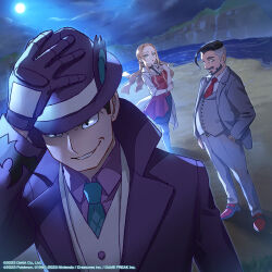 Rule 34 | 1girl, 2boys, beard, black eyes, blonde hair, bright pupils, closed mouth, cloud, coat, collared shirt, commentary, creatures (company), earrings, facial hair, game freak, giovanni (pokemon), giovanni (sygna suit) (pokemon), green necktie, grey jacket, grey pants, grey vest, hand in pocket, hat, highres, jacket, jewelry, liran (iro), long hair, moon, multiple boys, necktie, night, nintendo, official alternate costume, official art, oleana (pokemon), outdoors, pants, parted lips, pokemon, pokemon masters ex, pokemon swsh, red footwear, red necktie, rose (pokemon), sand, shirt, shoes, sidelocks, sky, smile, standing, undercut, vest, water, white shirt