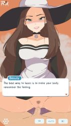 Rule 34 | 1boy, 1girl, beauty (pokemon), black choker, blush, breasts, brown hair, censored, choker, commentary request, creatures (company), dialogue box, english text, eyelashes, female pubic hair, game freak, green eyes, has uncensored version, hat, hetero, highres, long hair, mosaic censoring, nintendo, open mouth, penis, pokemon, pokemon masters ex, pubic hair, pussy, r3dfive, sex, solo focus, spread legs, teeth, vaginal, watermark, white headwear