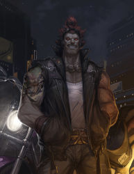 Rule 34 | 1boy, akuma (street fighter), andrew hou, andrew jou, belt, black theme, capcom, city, facial hair, glowing, glowing eyes, goatee stubble, heaven (kanji), jacket, leather, leather jacket, male focus, motor vehicle, motorcycle, muscular, muted color, night, red hair, solo, street fighter, stubble, tattoo, torn clothes, udon entertainment, vehicle