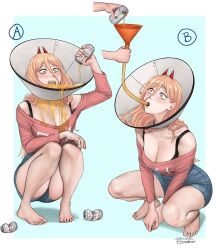Rule 34 | 1girl, absurdres, alcohol, beer, beer can, breasts, can, chainsaw man, cleavage, dismaiden, drink can, feet, highres, horns, medium breasts, power (chainsaw man), solo, toes