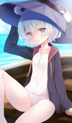 Rule 34 | 1girl, ahoge, black bow, black jacket, blue eyes, blue hair, blush, boat, bow, breasts, cloud, collarbone, commentary, dot nose, drawstring, feet out of frame, hand on headwear, hat, highres, jacket, komone ushio, leg up, light blue hair, light blush, long sleeves, looking at viewer, original, petite, purple hat, rabbit ornament, shirt, short hair, sitting, sky, small breasts, smile, solo, swimsuit, thighs, water, watercraft, white shirt, white swimsuit, witch hat