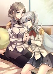 Rule 34 | 10s, 2girls, bed, black necktie, black socks, blonde hair, blush, breasts, brown hair, brown skirt, buttons, closed mouth, collared shirt, double-breasted, dress shirt, epaulettes, female focus, folded hair, frilled sleeves, frills, glasses, green eyes, grey eyes, grey shirt, grey skirt, hair between eyes, indoors, jacket, kaede (mmkeyy), kantai collection, kashima (kancolle), katori (kancolle), kneehighs, large breasts, leaning on person, leaning to the side, long hair, long sleeves, military, military uniform, miniskirt, multiple girls, necktie, no headwear, pantyhose, parted lips, pencil skirt, pillow, pleated skirt, rimless eyewear, seiza, shirt, silver hair, sitting, skirt, smile, socks, swept bangs, twitter username, uniform, yuri