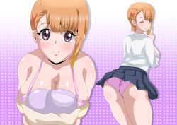 Rule 34 | 1girl, apron, ass, asymmetrical bangs, bal-anime, bare shoulders, blue skirt, breasts, cleavage, clothes lift, from behind, grin, hair ornament, highres, large breasts, looking at viewer, mieruko-chan, multiple views, one eye closed, orange hair, panties, pantyshot, pink panties, pleated skirt, polka dot, polka dot background, purple apron, purple background, purple eyes, shirt, short hair, skirt, skirt lift, smile, thighs, underwear, white shirt, x hair ornament, yurikawa hana