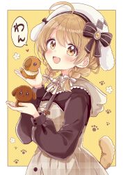 Rule 34 | 1girl, :d, ahoge, animal, animal ears, animal hat, animare, beret, black bow, black hoodie, blush, bow, braid, brown dress, brown eyes, brown hair, commentary request, dog, dog tail, dress, fake animal ears, hair between eyes, hair bow, hair over shoulder, hands up, hat, highres, holding, holding animal, hood, hood down, hoodie, inaba haneru (animare), long sleeves, looking at viewer, low twintails, nanashi inc., open mouth, plaid, plaid dress, polka dot, polka dot background, puffy long sleeves, puffy sleeves, sakura oriko, smile, solo, strapless, strapless dress, tail, translation request, twin braids, twintails, two-tone background, unmoving pattern, virtual youtuber, white background, white bow, white hat, yellow background