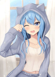 Rule 34 | 1girl, animal ears, blue eyes, blue hair, cat ears, collarbone, fake animal ears, grey hoodie, highres, hololive, hood, hood up, hoodie, hoshimachi suisei, indoors, long hair, looking at viewer, navel, one eye closed, open clothes, open hoodie, open mouth, rubbing eyes, shizukami chiro, smile, solo, star (symbol), tank top, upper body, virtual youtuber, white tank top, window