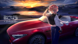 Rule 34 | 1girl, alternate costume, arm up, black gloves, black hairband, black shirt, blue eyes, blue pants, blue sky, breasts, bridge, car, closed mouth, cloud, cloudy sky, convertible, feet out of frame, fingerless gloves, gloves, gradient sky, hair wings, hairband, highres, holding, hololive, jacket, jacket on shoulders, lens flare, medium breasts, medium hair, mercedes-benz, midriff, motor vehicle, multicolored hair, navel, orange sky, outdoors, pants, pink hair, red car, shirt, sky, smile, solo, streaked hair, sunset, takane lui, virtual youtuber, white hair, white jacket, you&#039;a