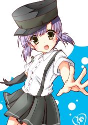 Rule 34 | 10s, 1girl, :d, asymmetrical clothes, black eyes, black gloves, chize, elbow gloves, fang, gloves, hat, kantai collection, looking at viewer, ooshio (kancolle), open mouth, outstretched arm, purple hair, short hair, short twintails, simple background, single glove, skirt, smile, solo, suspenders, twintails