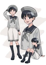 Rule 34 | 1girl, 3:, anchor ornament, androgynous, arm support, black footwear, boots, bowl cut, buttons, closed mouth, cropped torso, dark-skinned female, dark skin, double-breasted, grey hat, grey neckerchief, grey shirt, hand on headwear, hand up, hat, knee boots, knees up, long sleeves, looking at viewer, looking to the side, multiple views, neckerchief, obishima yukari, ohhhhhhtsu, profile, sailor collar, sailor hat, shirt, short hair, shorts, sitting, smile, unworn hat, unworn headwear, white background, white shorts, world trigger