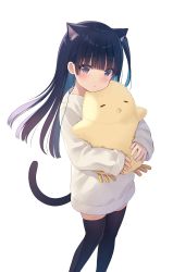 Rule 34 | 1girl, animal ear fluff, animal ears, black thighhighs, blunt bangs, blush, cat ears, cat girl, cat tail, closed mouth, commentary, cowboy shot, extra ears, frown, gradient hair, highres, holding, holding stuffed toy, long hair, long sleeves, looking at viewer, multicolored hair, na-ga, original, purple eyes, purple hair, shirt, simple background, sleeves past wrists, solo, standing, stuffed chicken, stuffed toy, tail, tail raised, thighhighs, white background, white shirt