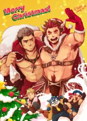 Rule 34 | 2boys, abs, absurdres, alternate costume, archem (crave saga), arm up, armpits, bara, black male underwear, blue hair, blush, briefs, broom, broom riding, brown eyes, brown hair, cape, chest belt, chest harness, chibi, christmas tree, closed eyes, closed mouth, coat, crave saga, dog boy, facial hair, facial mark, fur-trimmed cape, fur-trimmed gloves, fur-trimmed jacket, fur trim, glasses, gloves, goatee, goggles, goggles around neck, grey hair, harness, hat, headband, high collar, highres, holding, holding sack, jacket, jacket on shoulders, jewelry, key, key necklace, looking at another, lucion (crave saga), male focus, male underwear, merry christmas, multiple boys, muscular, muscular male, navel hair, necklace, necktie, open mouth, pants, pectorals, red cape, red gloves, red hair, red pants, sack, safu (maimai3737), santa hat, short hair, shorts, smile, stannis (crave saga), star (symbol), star facial mark, tagmard (crave saga), tank top, undercut, underwear, v-shaped eyebrows, vastor (crave saga), vest, yaoi, yellow background