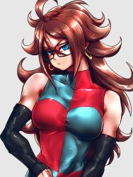 Rule 34 | 1girl, android 21, arms at sides, black gloves, blue dress, blue eyes, checkered clothes, checkered dress, dragon ball, dragon ball fighterz, dress, earrings, glasses, gloves, grey background, head tilt, hoop earrings, jewelry, kemachiku, long hair, parted lips, red dress, red hair, simple background, sleeveless, sleeveless dress, solo, spiked hair, two-tone dress, upper body