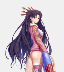 Rule 34 | 1girl, ass, bare legs, black hair, blush, closed mouth, crown, earrings, fate/grand order, fate (series), female focus, fur trim, hair ribbon, highres, hoop earrings, innertube, ishtar (fate), ishtar (swimsuit rider) (fate), jacket, jewelry, legs, long hair, looking at viewer, looking back, miuka, neck, one-piece swimsuit, parted bangs, pink jacket, red eyes, ribbon, simple background, single thighhigh, smile, solo, standing, swim ring, swimsuit, thighhighs, two side up, type-moon, very long hair, white one-piece swimsuit