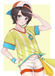 Rule 34 | 1girl, absurdres, backwards hat, baseball cap, blue eyes, blush, brown hair, grey background, hand up, hat, highres, hololive, looking at viewer, navel, oozora subaru, oozora subaru (1st costume), pants, parted bangs, racchi., salute, shirt, short hair, short sleeves, simple background, smile, solo, standing, striped clothes, striped shirt, swept bangs, vertical-striped clothes, vertical-striped shirt, virtual youtuber, white pants, wide sleeves