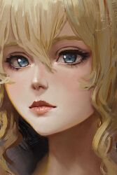 Rule 34 | 1girl, absurdres, blonde hair, blush, close-up, expressionless, faux traditional media, genshin impact, hair between eyes, highres, jean (genshin impact), looking at viewer, portrait, ravine bells, rebelle (medium), solo