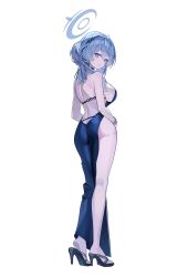 Rule 34 | 1girl, absurdres, ako (blue archive), ako (dress) (blue archive), ass, back, backless dress, backless outfit, bangle, blue archive, blue dress, blue eyes, blue hair, blush, bracelet, breasts, butt crack, commentary, dress, evening gown, halo, high heels, highres, jewelry, kneepits, large breasts, light smile, looking at viewer, looking back, median furrow, official alternate costume, pine (angel4195202), sideboob, sideless dress, simple background, single bare leg, solo, white background