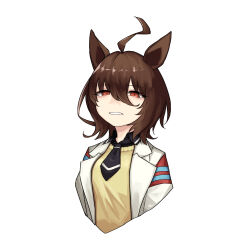 Rule 34 | 1girl, absurdres, agnes tachyon (umamusume), ahoge, animal ears, black shirt, breasts, brown hair, collared shirt, commentary, cropped torso, half-closed eyes, highres, horse ears, lab coat, medium hair, open mouth, red eyes, sanada ina, shirt, simple background, small breasts, solo, sweater, umamusume, upper body, white background, yellow sweater