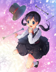 Rule 34 | 10s, 1girl, baton, black hair, blue eyes, blush, covering own mouth, hand over own mouth, hat, highres, kitashirakawa tamako, light particles, long hair, low twintails, school uniform, solo, tamako market, tareme, top hat, twintails, wide-eyed, yamori (stom)