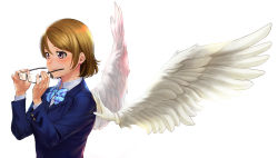 Rule 34 | 1girl, absurdres, angel wings, bad id, bad pixiv id, blue bow, blush, bow, bowtie, brown hair, glasses, half-closed eyes, highres, holding, holding removed eyewear, koizumi hanayo, long sleeves, looking away, love live!, love live! school idol project, purple eyes, smile, solo, striped bow, striped bowtie, striped clothes, turiganesou800, unworn eyewear, wings