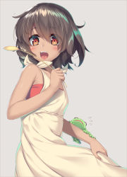 Rule 34 | 1girl, :d, animal, bare arms, bare shoulders, blush, dark-skinned female, dark skin, dress, eyes visible through hair, flat chest, flying sweatdrops, frog, from side, grey background, highres, holding, looking at viewer, looking to the side, olive (laai), open mouth, seiran (uchouten kazoku), shimogamo yajirou, short hair, simple background, skirt hold, sleeveless, sleeveless dress, smile, solo, teeth, uchouten kazoku, upper body, upper teeth only, wheat, white dress