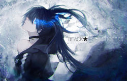 Rule 34 | 1girl, black hair, black rock shooter, black rock shooter (character), blue eyes, character name, closed mouth, floating hair, hair between eyes, highres, long hair, off shoulder, profile, shion (reira), solo, twintails, upper body, very long hair