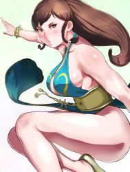 Rule 34 | 1girl, alternate costume, bare legs, bare shoulders, bracelet, breasts, capcom, china dress, chinese clothes, chun-li, cleavage, cleavage cutout, clothing cutout, dress, female focus, fighting stance, full body, hair tubes, jewelry, large breasts, leg up, long hair, looking at viewer, parted lips, pelvic curtain, shiny skin, shoes, sleeveless, sleeveless dress, smile, solo, spiked bracelet, spikes, street fighter, street fighter v, white footwear