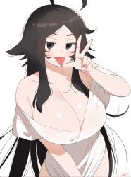Rule 34 | 1girl, :p, ahoge, black eyes, black hair, breasts, cleavage, commission, dress, hair flaps, hand up, highres, huge breasts, long hair, looking at viewer, messy hair, off shoulder, original, ryusei hashida, simple background, solo, standing, tongue, tongue out, veins, veiny breasts, very long hair, w, white background, white dress