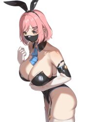 Rule 34 | 1girl, animal ears, bare shoulders, black collar, black hairband, black leotard, blue trim, blush, bob cut, breasts, cleavage, collar, collarbone, detached collar, elbow gloves, fake animal ears, garter straps, gloves, grey eyes, hair ornament, hairband, hairclip, highres, honkai (series), honkai impact 3rd, huge breasts, leotard, looking at viewer, mask, meda, medium hair, mouth mask, pink hair, rabbit ears, simple background, solo, strapless, strapless leotard, thighhighs, thighs, timido cute, white background, white gloves, white thighhighs