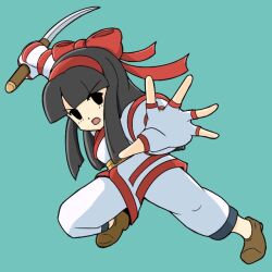 Rule 34 | 1girl, ainu clothes, black hair, breasts, fighting stance, fingerless gloves, gloves, hair ribbon, legs, long hair, looking at viewer, nakoruru, open mouth, pants, ribbon, samurai spirits, small breasts, snk, solo, thighs, weapon