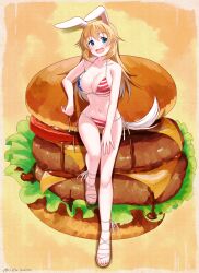 Rule 34 | 1girl, :d, absurdres, american flag bikini, animal ears, bikini, blonde hair, blue eyes, blush, border, breasts, burger, charlotte e. yeager, cleavage, collarbone, flag print, food, full body, highres, hiroshi (hunter-of-kct), large breasts, long hair, looking at viewer, navel, open mouth, rabbit ears, rabbit girl, sandals, side-tie bikini bottom, signature, smile, solo, strike witches, swimsuit, tail, thigh gap, toes, twitter username, underboob, untied bikini, white background, world witches series, yellow background