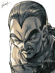 Rule 34 | 1boy, artist name, bad id, bad pixiv id, black eyes, black hair, braid, chinese clothes, close-up, dragon ball, dragon ball (classic), expressionless, facial hair, frown, greyscale, kim yura (goddess mechanic), looking away, male focus, monochrome, mustache, shaded face, signature, simple background, solo, tao pai pai, upper body, white background