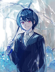 Rule 34 | 1boy, black hair, blue theme, collared shirt, commentary request, hara hikaru, holding, holding umbrella, jack jeanne, long sleeves, looking at viewer, male focus, rain, red eyes, shirt, short hair, sidelighting, sketch, smile, solo, sweater, thick eyebrows, transparent, transparent umbrella, umbrella, upper body, white shirt, yonaga soushirou
