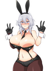 Rule 34 | 1girl, absurdres, alternate breast size, animal ears, azur lane, between breasts, black gloves, black necktie, black shorts, blue eyes, breasts, brown pantyhose, detached collar, double v, fake animal ears, gloves, grey hair, hair between eyes, highres, huge breasts, leotard, looking at viewer, medium hair, midriff, mole, mole on breast, navel, necktie, necktie between breasts, pantyhose, playboy bunny, rabbit ears, shiromochi (123), short shorts, shorts, simple background, skindentation, solo, standing, v, washington (azur lane), white background, wing collar, wrist cuffs