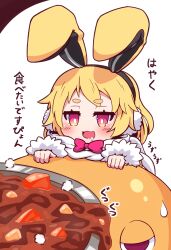 Rule 34 | 1girl, absurdres, animal ears, black background, black hairband, blonde hair, bow, bowtie, commentary request, curry, disgaea, drooling, food, fur-trimmed sleeves, fur trim, hairband, highres, long sleeves, makai senki disgaea 5, pink bow, pink bowtie, prinny, purple eyes, rabbit ears, scarf, short eyebrows, sleeves past wrists, small sweatdrop, solo focus, sweat, thick eyebrows, translation request, two-tone background, usalia (disgaea), white background, white scarf, yuya090602