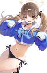 1girl :d absurdres bikini bikini_under_clothes black_bikini black_bow black_ribbon blue_archive blue_hoodie bow brown_eyes brown_hair cropped_hoodie drawstring dutch_angle glasses hair_ornament hair_ribbon halo hands_up highres hood hoodie kirarin369 long_hair long_sleeves looking_at_viewer moe_(blue_archive) moe_(swimsuit)_(blue_archive) navel official_alternate_costume open_mouth ribbon round_eyewear side-tie_bikini_bottom sidelocks sleeves_past_fingers sleeves_past_wrists smile solo swimsuit twintails unworn_eyewear white_background yellow_halo