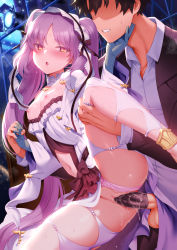 Rule 34 | 1boy, 1girl, bare shoulders, black hair, black jacket, blush, breasts, breasts out, cleft of venus, clenched teeth, clothed sex, collarbone, condom, condom on penis, dress, dress shirt, euryale (fate), euryale (lostroom outfit) (fate), fate/grand order, fate/hollow ataraxia, fate (series), frilled hairband, frills, fujimaru ritsuka (male), gloves, grey gloves, hairband, has bad revision, has censored revision, hetero, highres, jacket, leg lift, long hair, looking at viewer, lostroom outfit (fate), m-da s-tarou, nipples, open mouth, panties, parted bangs, penis, purple eyes, purple hair, pussy, sex, shirt, short hair, sidelocks, slit pupils, small breasts, spread legs, standing, standing sex, teeth, testicles, twintails, uncensored, underwear, vaginal, very long hair, white dress, white panties, white shirt