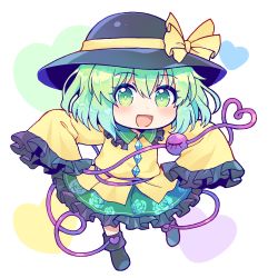 Rule 34 | 1girl, absurdres, arms up, black footwear, black hat, blouse, boots, bow, chibi, collar, crystal, floral print, flower, frills, full body, green eyes, green flower, green hair, green rose, green skirt, hair between eyes, hands up, hat, hat bow, heart, heart-shaped pupils, highres, jewelry, kaoling, koishi day, komeiji koishi, leg up, long sleeves, looking at viewer, open mouth, rose, rose print, shirt, short hair, simple background, skirt, smile, solo, standing, standing on one leg, symbol-shaped pupils, touhou, white background, wide sleeves, yellow bow, yellow shirt, yellow sleeves