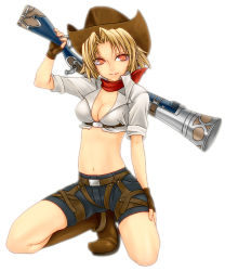 Rule 34 | 1girl, bad id, bad pixiv id, belt, blonde hair, boots, breasts, cleavage, cowboy hat, cowboy western, crop top, fingerless gloves, full body, gloves, gun, hat, highres, koruri, light smile, medium breasts, midriff, navel, on one knee, orange eyes, parted lips, seal online, shiny skin, shorts, simple background, sleeves rolled up, smile, solo, weapon