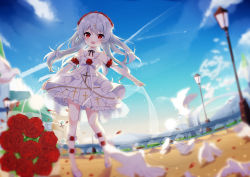 Rule 34 | 1girl, absurdres, cloud, cross, day, detached collar, dress, flower, fufumi, hair flower, hair ornament, highres, honkai (series), honkai impact 3rd, lamppost, long hair, open mouth, outdoors, red eyes, rose, shoes, silver hair, sky, smile, solo, strapless, strapless dress, theresa apocalypse, theresa apocalypse (luna kindred), white dress