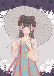 1girl absurdres anata_no_utahime_(lzr13708949567) aqua_eyes aqua_hanfu black_hair chinese_clothes chinese_hairpin earrings floral_print_dress flower hair_ornament hair_rings hair_stick hanfu highres holding holding_umbrella jewelry long_hair long_sleeves looking_at_viewer morning_glory original parasol pouch qixiong_ruqun red_ribbon ribbon smile solo umbrella